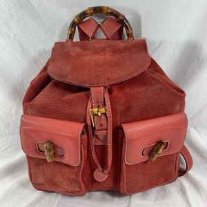 Genuine GUCCI vintage red blush suede and leather bamboo backpack medium